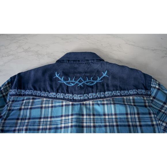 El General Men Embroidered Plaid Western Pearl Snap Button Shirt M Cowboy Rodeo - Picture 7 of 16